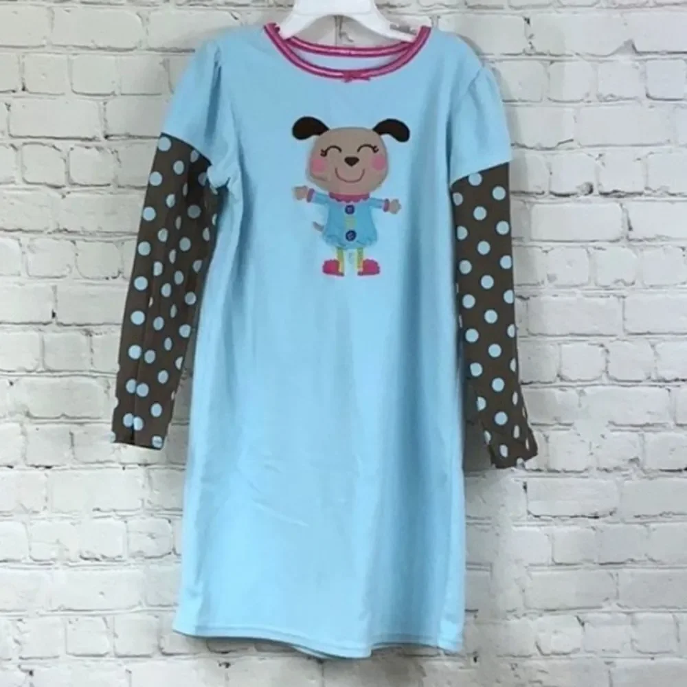 Carter’s Nightgown Girls Blue Fleece Dog Brown Polka Dot Medium 6/6X PJ Gown